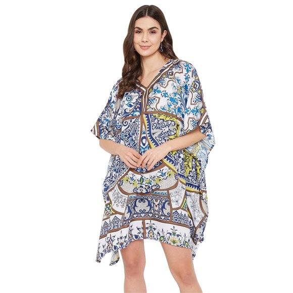 Floral Printed Navy Blue Polyester Short Caftan Dress for Women by Gypsie Blu - Picture 8 of 9